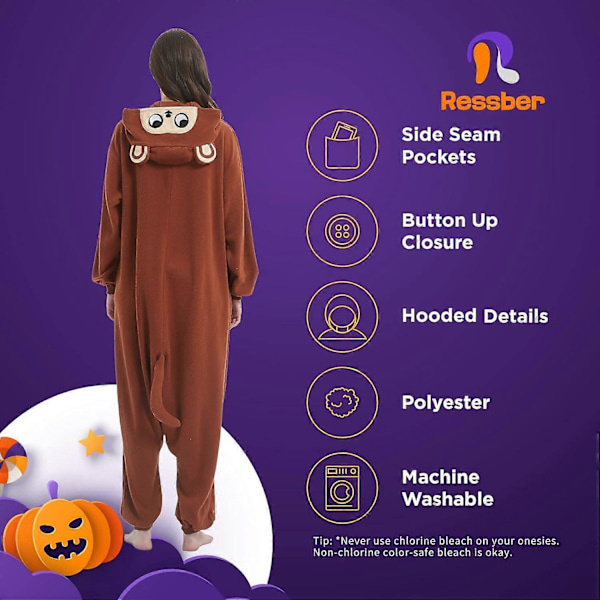 Unisex Vuxen Onesie Pyjamas Djur Heldräkt Halloween Kostym Jul Sovkläder Jumpsuit Monkey Medium