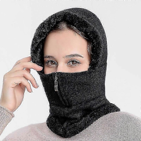 Vinterscarf med munskydd för damer, fleecefodrad varm stickad mössa, 1 styck (grå)