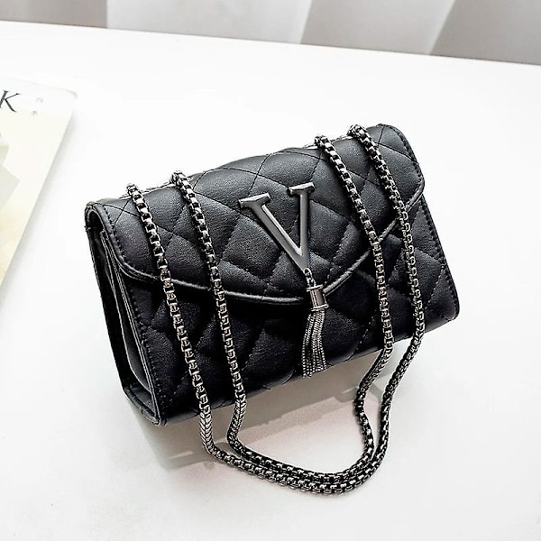 Svarta Lyxhandväskor och Plånböcker Dam Pu Läder Messenger Axelväska Rutig Kvinnlig Crossbody Väska Tofs Quiltat Märke