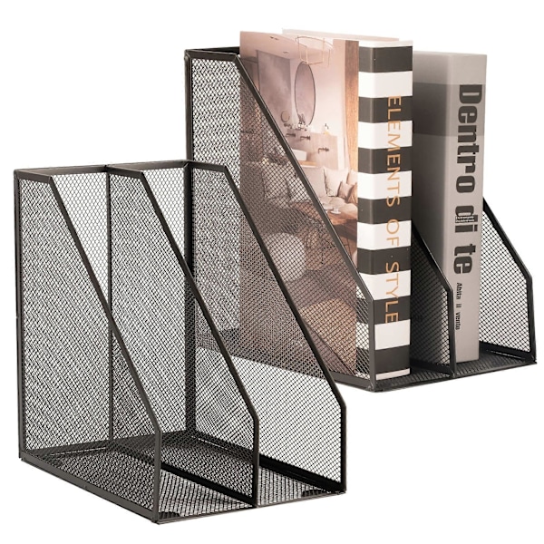 Tidningsställ metall bokstöd, svart tidningsställ 2 fack, skrivbordsorganisatör, dekorativt tidningsställ, (2-pack)