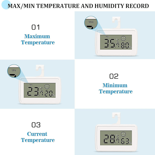 Mini Digital LCD Termometer Hygrometer Temperatur Luftfuktighet Portabel Termo Hygrometer Indikator med Max/Min-registreringar för Kontor Kök Kylskåp Hem