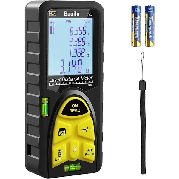 Lasermätare 50M, Laseravståndsmätare 165ft, Portabel digital mätverktyg med vattenpass, Stor bakgrundsbelyst LCD-display och Vattentät IP54