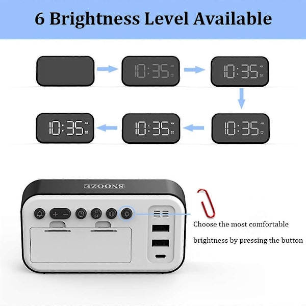 LED Digital Väckarklocka Sängbord Nätansluten, 5 LED Digital Display Snooze Väckarklocka med Dubbla USB-Portar, 12/24 Timmar, 6 Ljusstyrkenivåer, Snooze-Funktion
