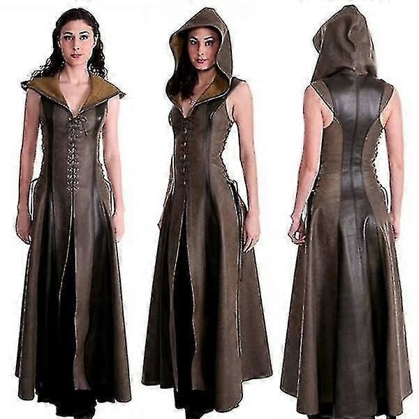 Kvinnor Cosplay Hooded Archer Kostym Läder Lång Klänning Ärmlös Medeltida Kvinnodräkt Krigardräkt