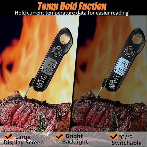 Kötttermometer Direktavläsning Ugnssäker 2 i 1 Dubbel Probe Digital Mattermometer med Alarm Bakgrundsbelysning för Kök Matlagning Grillning Rökning BBQ (Svart)