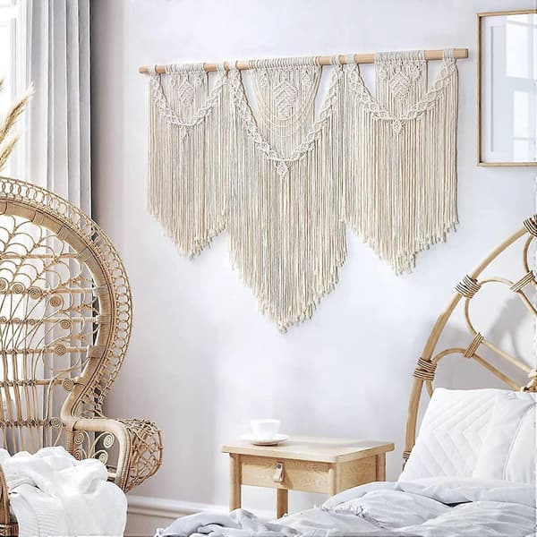 Makramé Väggbonad Stor Boho Chic Vävd Tapestry Blad Tofs Konst Bomullsrep Bohemisk Makramé Väggdekor för Sovrum Vardagsrum Lägenhet Bakgrund
