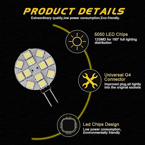 10x G4 LED-lampa DC 12V Ej Dimbar Vit 6000K Ersättning för 20W Halogenlampa
