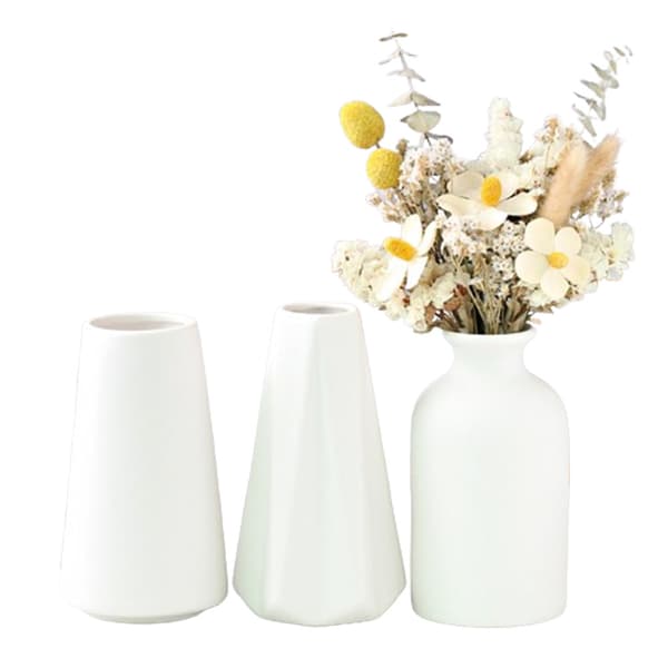 Vit keramisk vas, set med 3 vaser för pampasgräs, modern boho rustik inredning, 15 cm