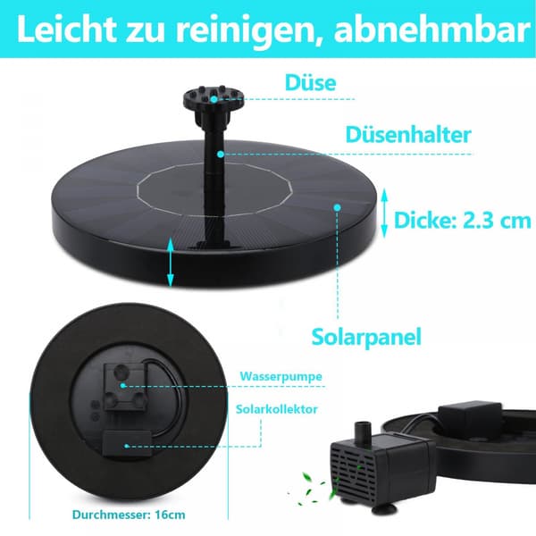 Solpump, solfontän, 1,5 watt vattenspel, dammpump, fontän