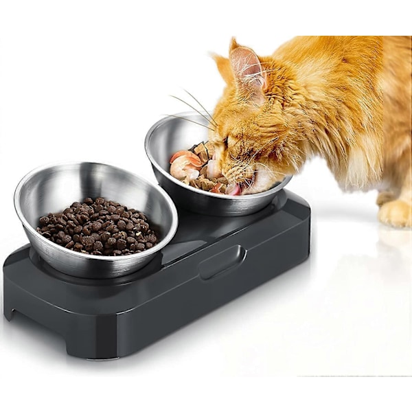 Rostfri Upphöjd Katt Hundskål, 400ml x2 Dubbelskål för Katt & Hundmatning, Halkfri och Spillfri