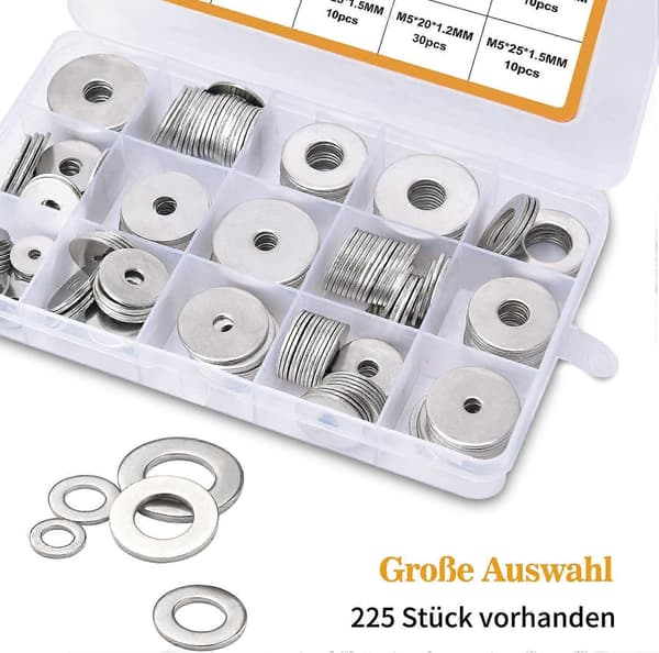 225 st 304 Rostfria Platta Brickor Sortiment, M3 M4 M5 M6 M8 M10 M12 Platt Bricka med Låda (Grå)
