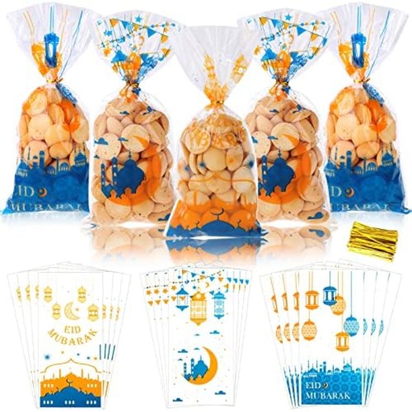 DPKOW 105 st Eid Mubarak presentpåsar, islamisk muslimsk klar cellof Blue,Clear,Gold,Orange,Transparent