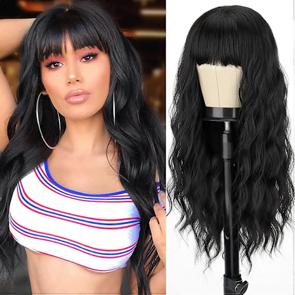 Lång Svart Peruk med Lugg, Syntetisk Vågig Lugg Svart Peruk för Kvinnor, Kvinnor Lång Lockig Värmebeständig Svart Hårperuk, Cosplay Selena Svart Peruk 60 cm