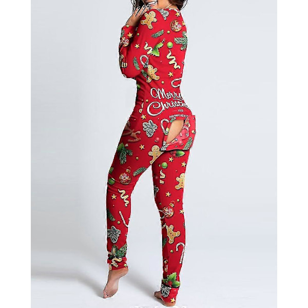 Sexig pyjamas för kvinnor julpyjamas nyårs jumpsuit sovkläder knäppning fram bak rumpa öppen rumpa flik jumpsuit jul tryck loungewear
