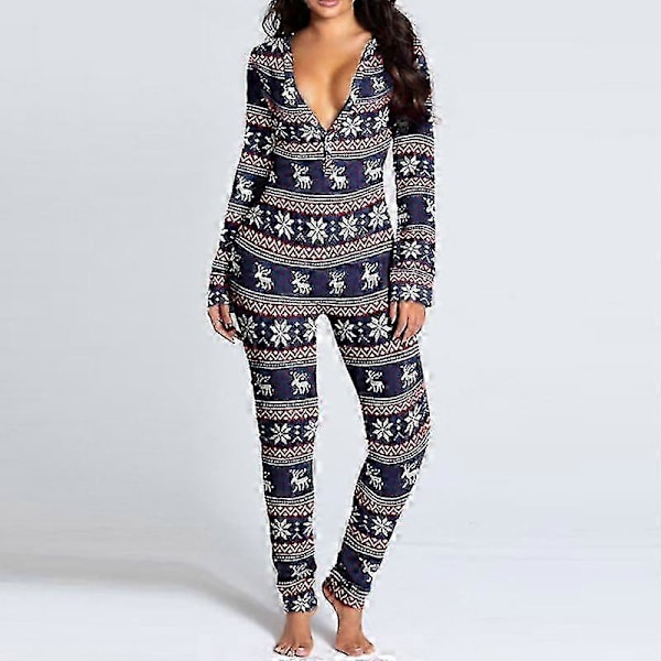 Dam One Piece Tryckt Sovplagg Jul Pyjamas Jumpsuit Rompers Långärmad Nattlinne