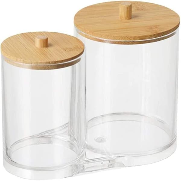 Bomullspinnehållare, Bomullspinnebehållare Bomullspinneförvaring Bomullspinnebox med Trälock för Vardagsrum, Sovrum, Badrum (15,9x9x13cm)