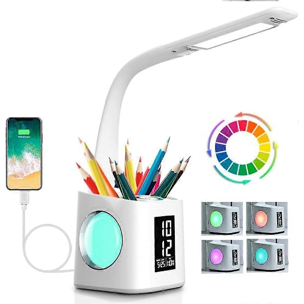 Ögonvänlig LED Skrivbordslampa USB-port med Pennhållare/Tid/Kalenderdisplay 3 Nivåer Dimbar 10W