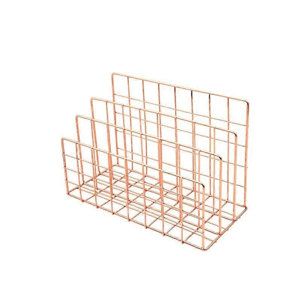Metalltråd 3-facks brevsorterare, tidskriftshållare fil tidning dokument skrivbordsförvaringshylla organizer (Roséguld)