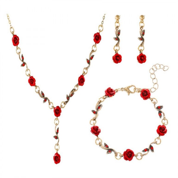 Halsband med hänge vintage röd ros halsband set för kvinnor