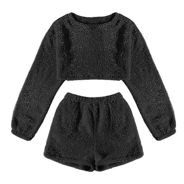 Fuzzy Lounge Casual Pyjamas Set för Dam, Långärmad Fleece Pullover och Shorts Byxor Set 2 Delar Fluffiga Loungewear Sovkläder