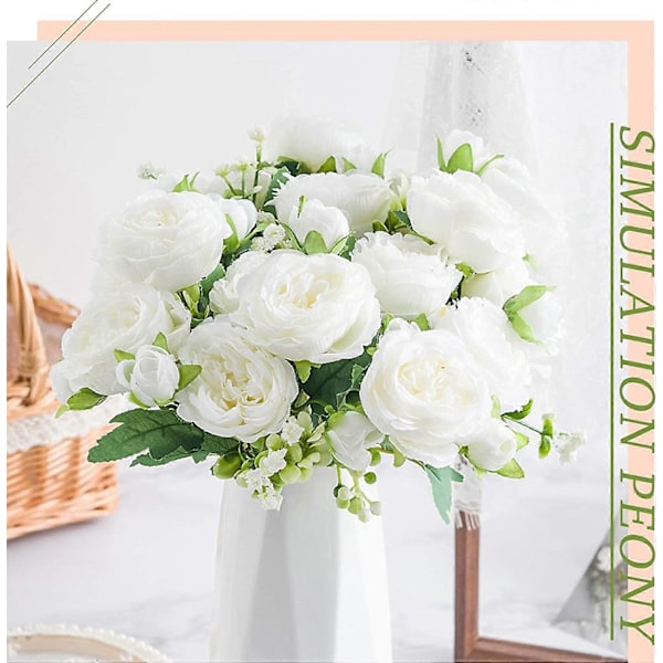 3 st Konstgjorda Blommor Pion Buketter Dekor, 15 Pionblommor, Vit