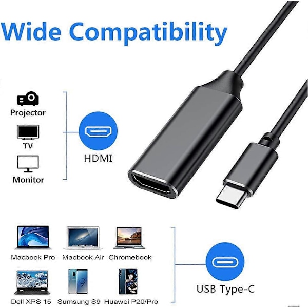 USB C till HDMI Adapter, USB Typ C till HDMI 4k Adapter (Thunderbolt 3 Kompatibel) med Ljud- och Videoutgång (Svart)