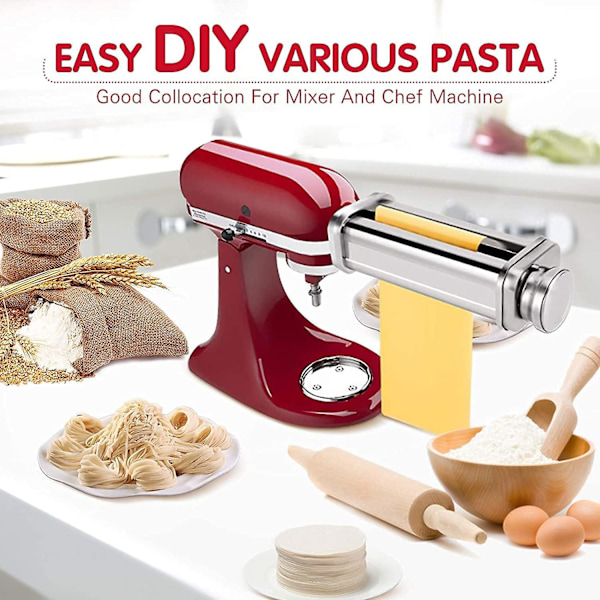Pastatillbehör för köksmaskin, pastarulle i rostfritt stål, spaghettiskärare, fettuccineskärare