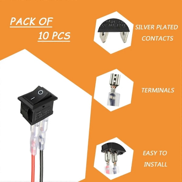 Mini Rocker Switch T85 KCD1-101 2-polig SPST Vippströmbrytare med Kablage Svart (10 st)
