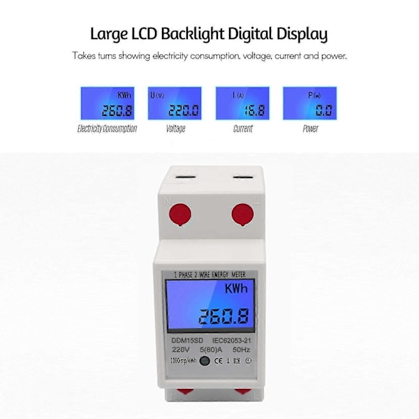 Enfas DIN-skena Energimätare 5-80A 220V 50Hz Elektronisk KWh-mätare med LCD Bakgrundsbelysning Digital Display DDM15SD