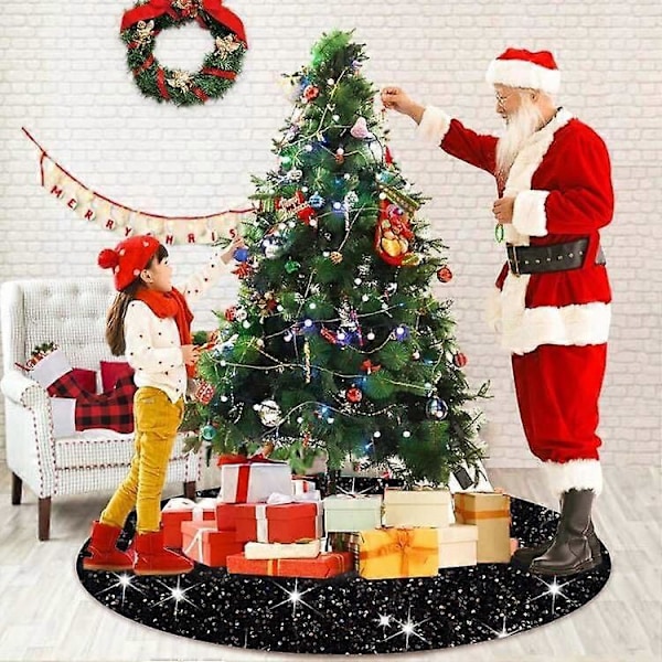 48 tums svart paljett julgransmatta, glittertyg, julgransmatta, skimrande julgransmatta för konstgjord julgran Halloween