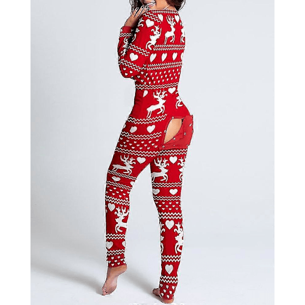 Sexig pyjamas för kvinnor julpyjamas nyårs jumpsuit sovkläder knäppning fram bak rumpa öppen rumpa flik jumpsuit jul tryck loungewear