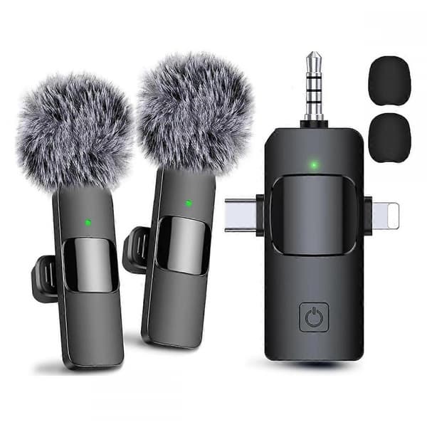 3 i 1 Trådlösa Lavalier Mikrofoner för iPhone, Android, Kamera, USB-C Mikrofon, Mini Mikrofon