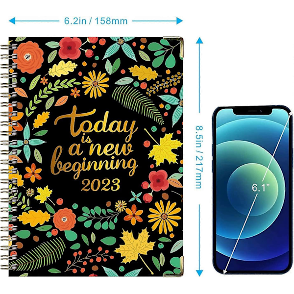 2023 Kalender Årsvy från Jan till Dec 2023, Daglig Planerare med Månadsflikar, Hårdpärm, Innerficka, 100GSM (A04 Svart)