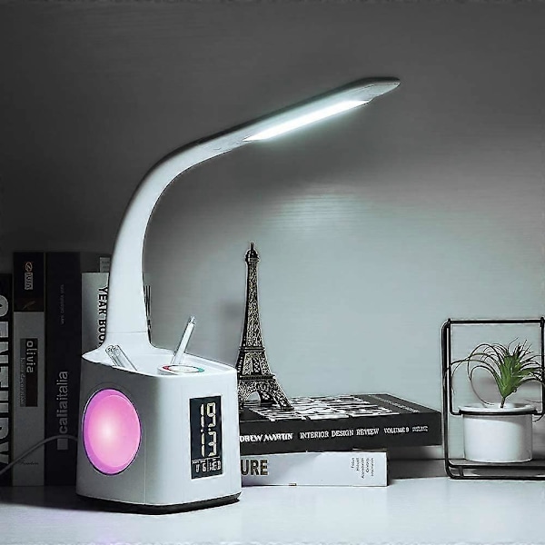 Ögonvänlig LED Skrivbordslampa USB-port med Pennhållare/Tid/Kalenderdisplay 3 Nivåer Dimbar 10W
