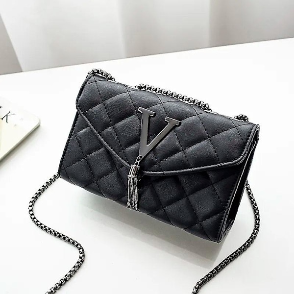 Svarta Lyxhandväskor och Plånböcker Dam Pu Läder Messenger Axelväska Rutig Kvinnlig Crossbody Väska Tofs Quiltat Märke
