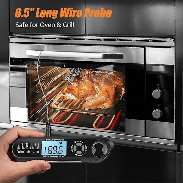 Kötttermometer Direktavläsning Ugnssäker 2 i 1 Dubbel Probe Digital Mattermometer med Alarm Bakgrundsbelysning för Kök Matlagning Grillning Rökning BBQ (Svart)