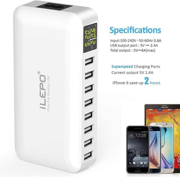 5V8A 8-portars USB-laddare med LCD-skärm, USB Multi Socket Smart Laddstation