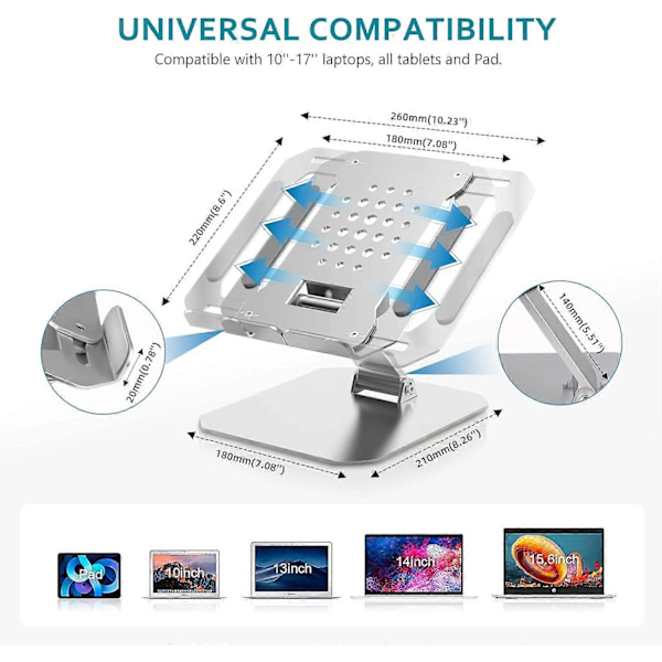 Laptopställ för Skrivbord Längdjusterbart Kylande Laptop Riser Bricka Fäste Hållare Hiss Vikbart Portabelt Universellt Ergonomiskt Aluminium Metall Kompatibelt