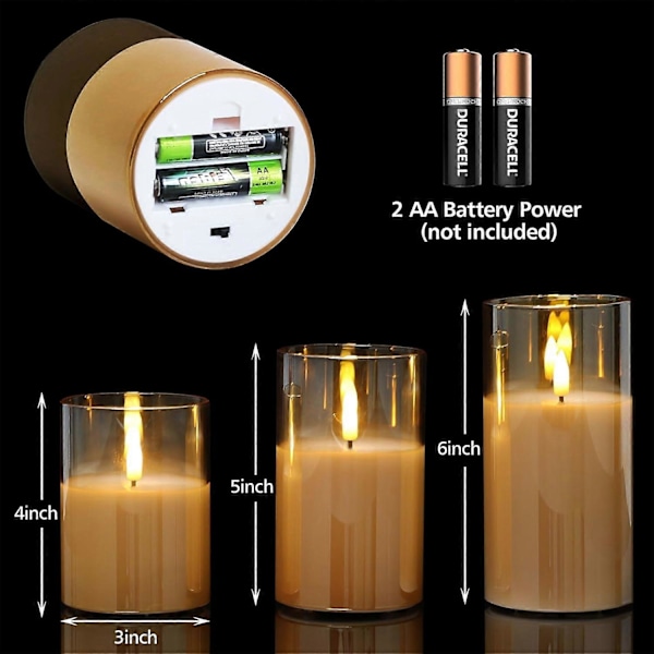 Guldglas Flamlösa Ljus Fladdrande, Realistiska Batteridrivna Elektriska LED-ljus med Fjärrkontroll D 3\" H 4\" 5\" 6\"