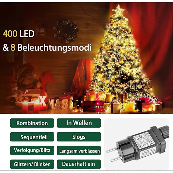Julgransljusslinga, 2M *16 Grenar 400 LED Julgransljusslinga, Vattentäta Julljus för Julgransdekoration