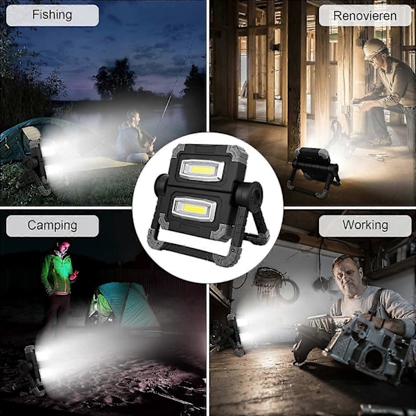 Uppladdningsbar LED Arbetslampa, 2 COB Strålkastare, 3 Lägen, 20W 5000mAh Power Bank, Vikbar LED Arbetslampa med 360 Rotation för Camping, Reparation