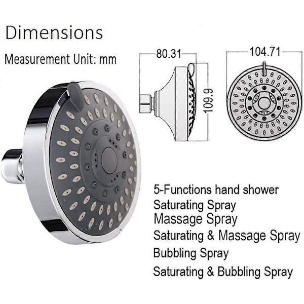 Högtrycks Fast Duschhuvud, Diameter 10cm, 5 Justerbara Sprutlägen, Roterbar 360 Grader, Anti-Lågt Vattentryck, Kromplätering, Lämplig för