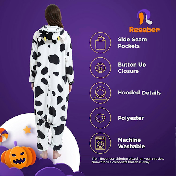 Unisex Vuxen Onesie Pyjamas Djur Heldräkt Halloween Kostym Jul Sovkläder Jumpsuit Cow Small
