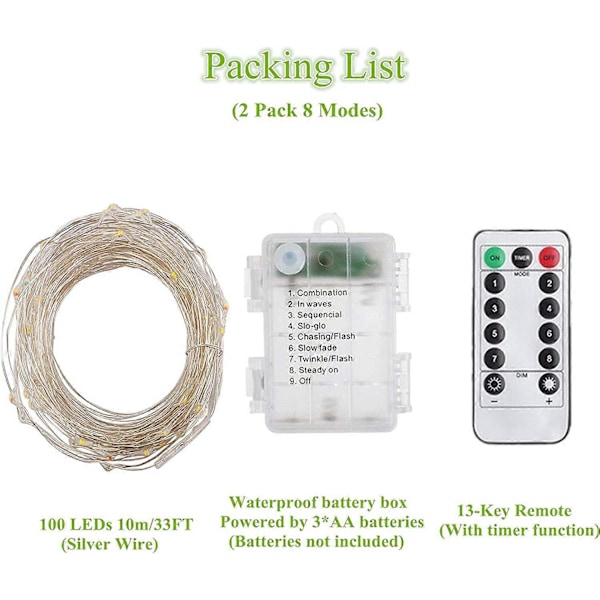 2x10m Batteridrivna LED Ljusslingor 100 LEDs Timerfunktion Fjärrkontroll IP65 Vattentät (Vit)