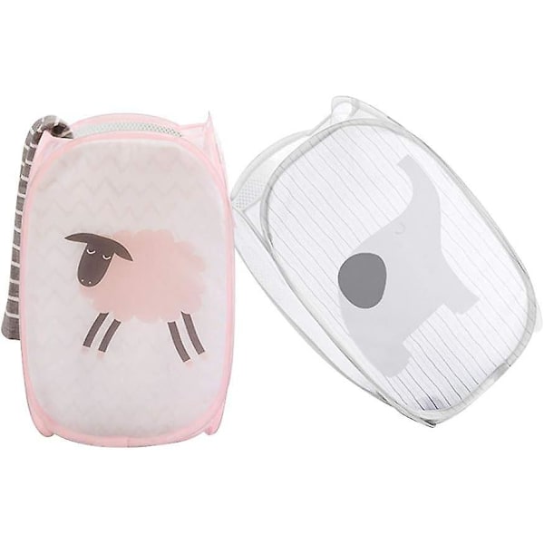 Stor Vikbar Tvättkorg, Pop Up Mesh Rese Tvättsäck med Handtag, Baby Tvättkorgar Set om 2, Rosa Grå