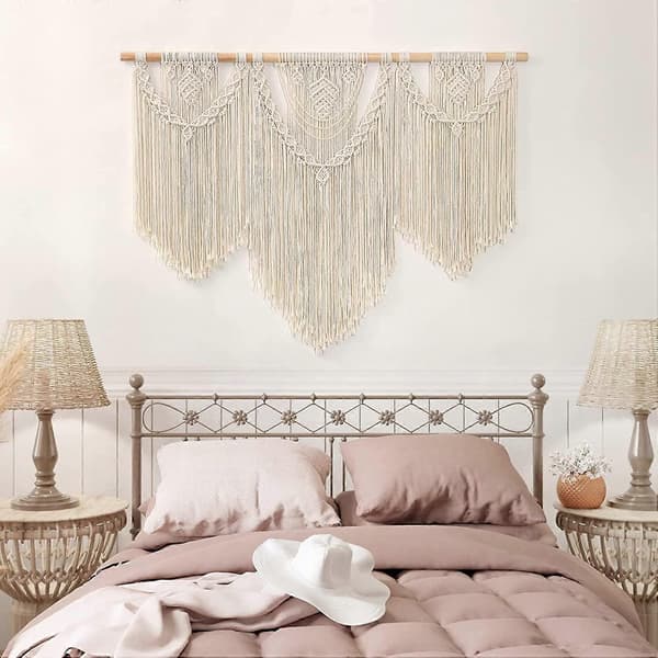 Makramé Väggbonad Stor Boho Chic Vävd Tapestry Blad Tofs Konst Bomullsrep Bohemisk Makramé Väggdekor för Sovrum Vardagsrum Lägenhet Bakgrund