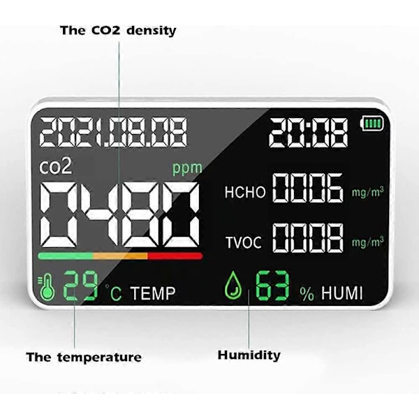 Luftkvalitetsdetektor, multifunktionell koldioxid CO2-testare (vit)