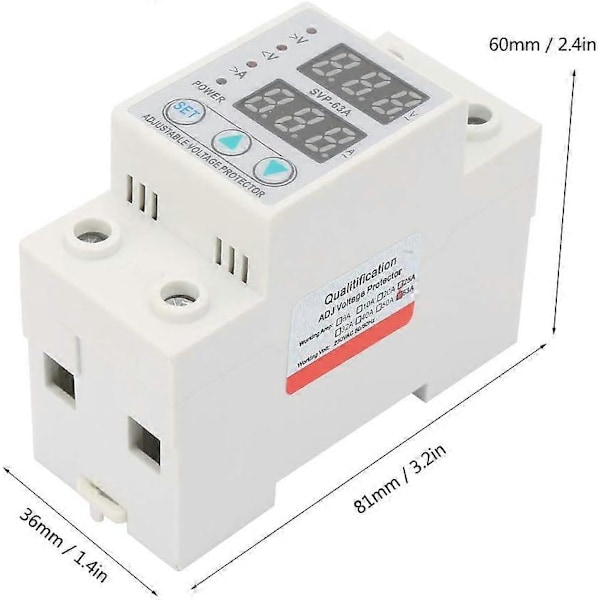 AC230V 63A Spännings- och Strömskydd Över-/Underspänningsskydd Dubbel LED-Display Enfas Lågspänningsskydd DIN-Skena Installation