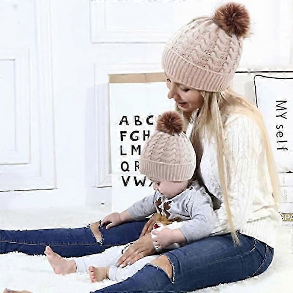 Vintertermisk stickad skidmössa i ull med vridmönster för damer (rosa) 1 styck