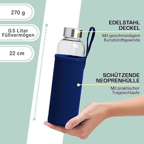 Glasflaska 1l Med Neoprenfodral | Dricksflaska Av Glas I 500ml Med Skyddsfodral Och Rostfritt Stållock | Vattenflaska För Sport, Kontor, Skola &amp; Utomhus